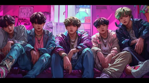 Neon-lit boy band portrait renders stylized urban attitude