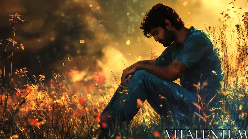 Pensive man sits in glowing meadow under warm golden light