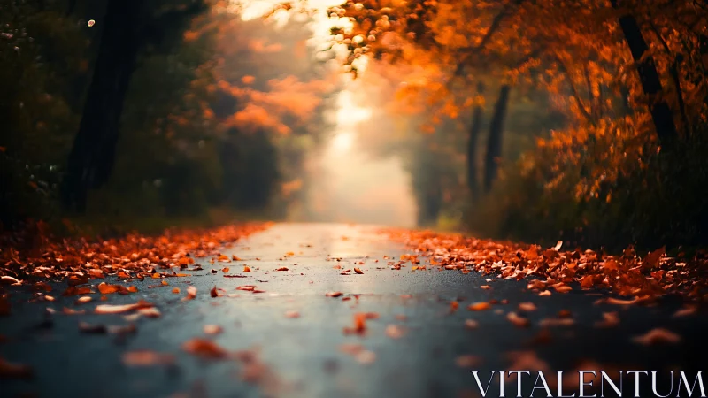 Autumn road perspective under glowing orange forest canopy.