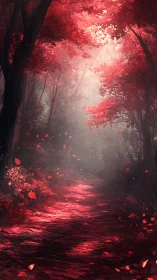 Red autumn forest pathway with glowing foliage and atmospheric mist