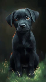 Black lab puppy portrait under soft forest rim light.