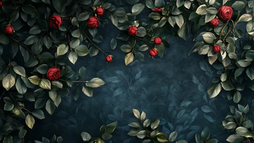 Crimson roses entwine deep teal foliage on textured wall