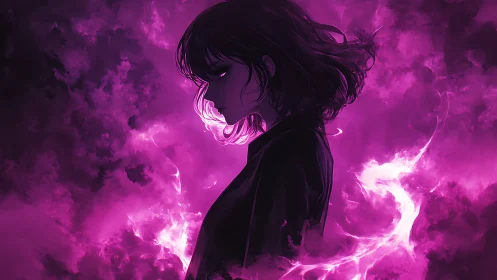 Side-lit anime sorceress in magenta volumetric smoke field