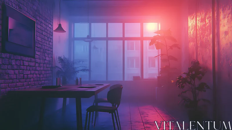Neon lit loft office interior with volumetric sunset haze