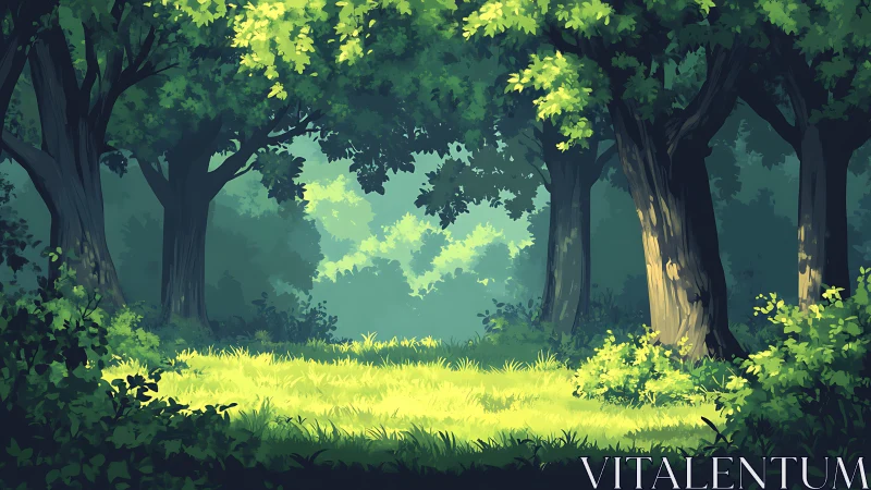 Sunlit Forest Clearing with Towering Oaks and Verdant Canopy.