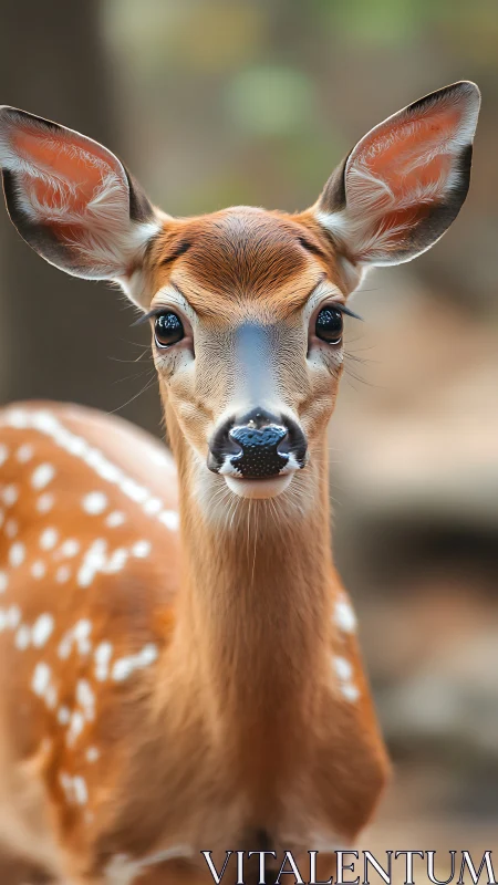 Young spotted deer gazes calmly amid soft forest light.