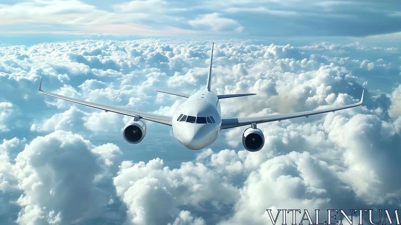 Passenger jet slices through towering sunlit cloudscape sky