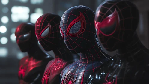 Row of black spider-suited figures in neon city light.