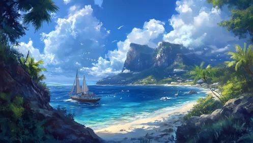 Tropical Paradise Bay: Digital Seascape with Sailboat and Volcanic Peaks.