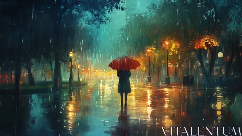 Backlit pedestrian with red umbrella in saturated urban rainscape