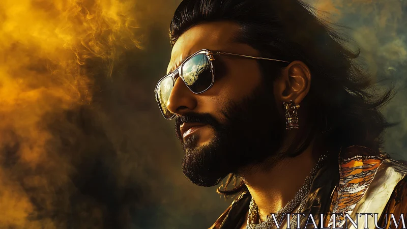 Golden-lit bearded man in aviator sunglasses exudes cool confidence.