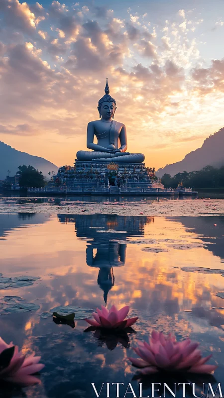 Large seated Buddha statue overlooks lotus pond at sunrise