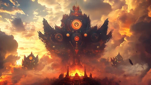 Colossal fiery sky citadel rises above molten horizon