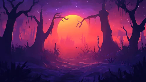 Haunted neon swamp glows under an enormous rising moon