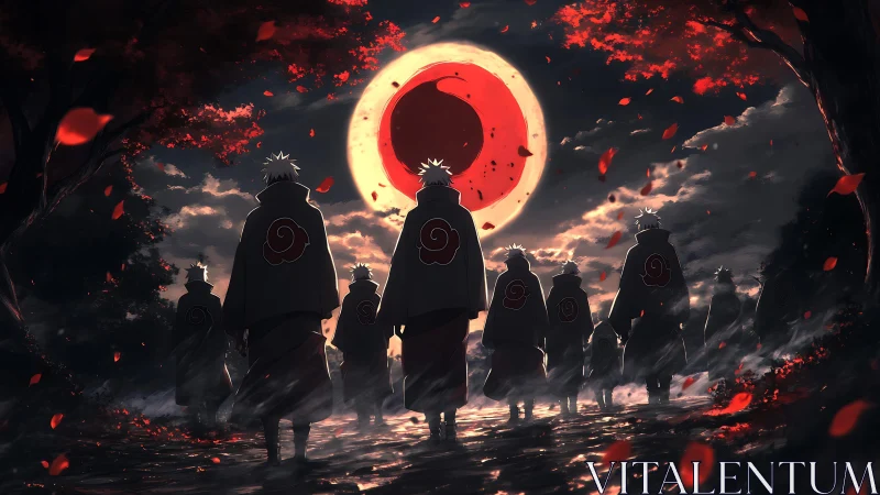 Crimson moon summons cloaked figures beneath falling embers.