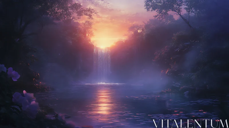Sunlit waterfall glows through mist in a tranquil jungle cove