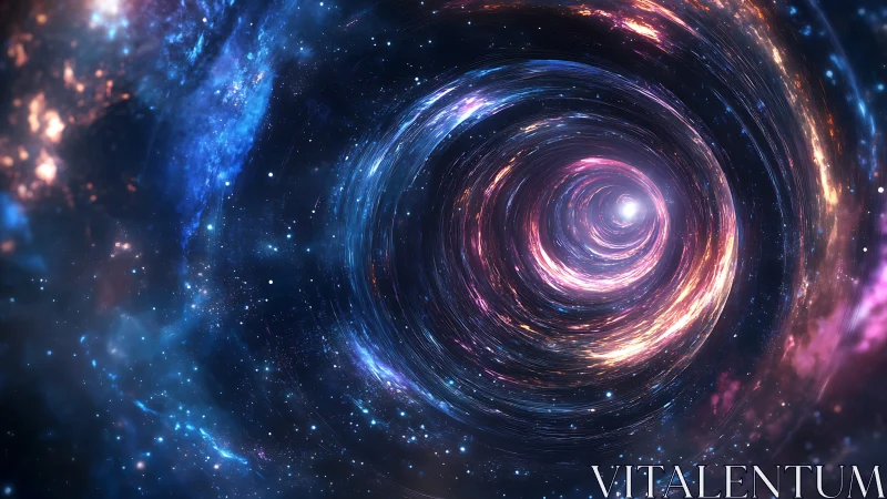 Spiraling cosmic gateway invites a journey through starlit space