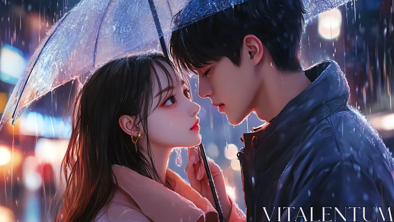 Two figures positioned face-to-face under translucent umbrella in rainfall setting.