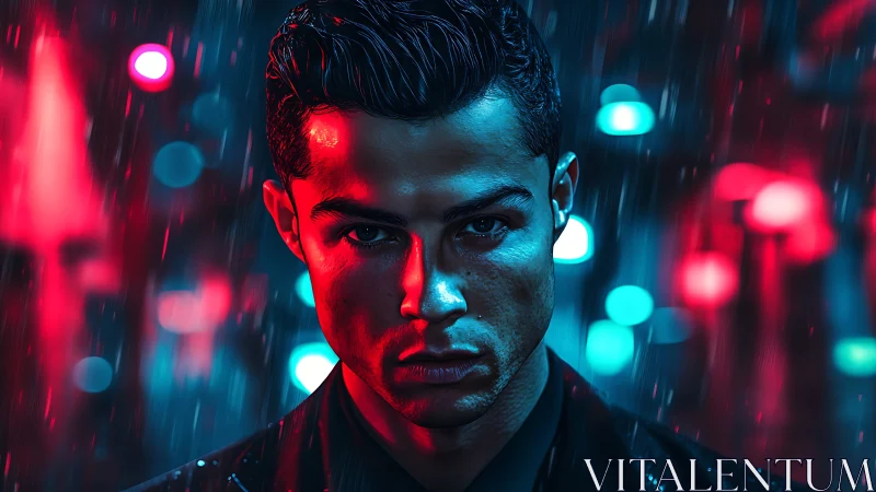 Cyberpunk rain-soaked male portrait with neon split lighting.