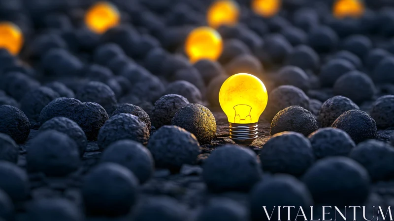 Glowing Yellow Lightbulb Among Dark Spheres, Conceptual Art.