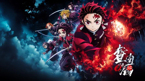 Demon slayers charge through burning night sky battlefield.