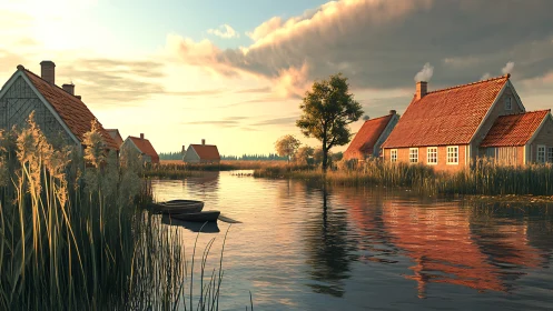 Lakeside cottages under golden sunset with reflective water surface.