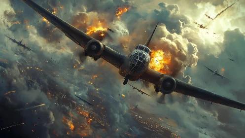 Wartime bomber plunges through exploding night sky.