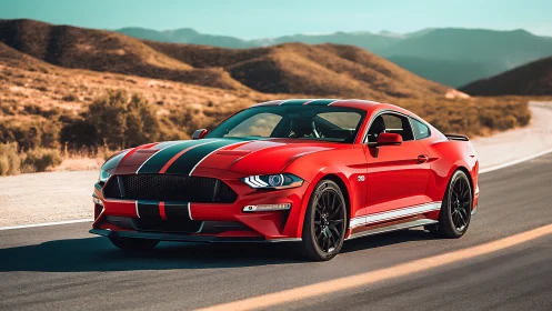 Photorealistic red sports coupe on desert highway perspective.