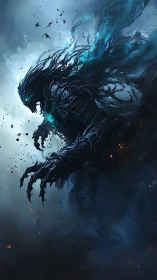 Stormlit shadow guardian rises with swirling blue power