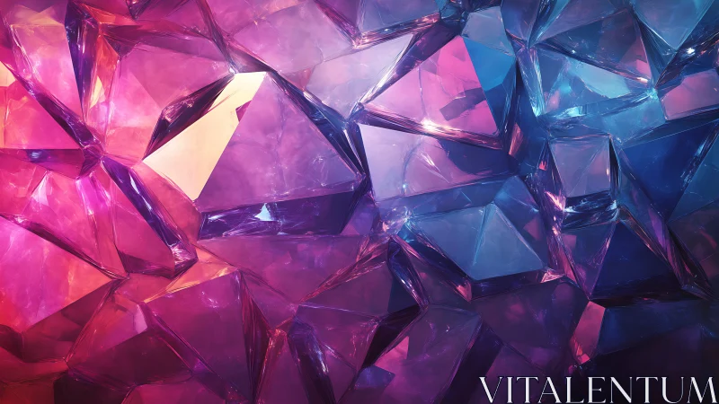Polygonal crystalline surface in pink and blue lighting.