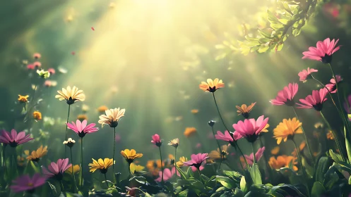 Sunlit Garden of Mixed Daisies and Wildflowers.