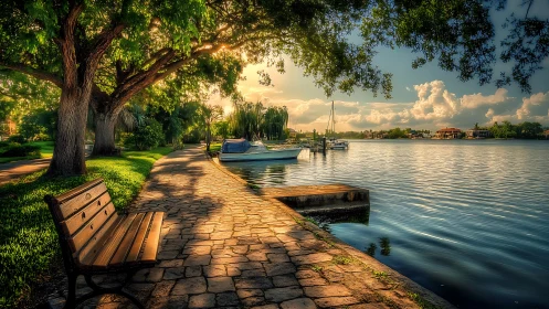 Golden hour harbor walk with quiet bench and gentle boats.
