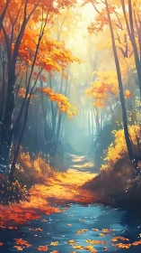 Autumn forest pathway with stream and canopy light.