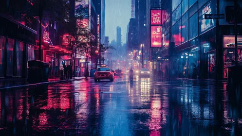 Neon city street glows softly in the rainwashed evening light