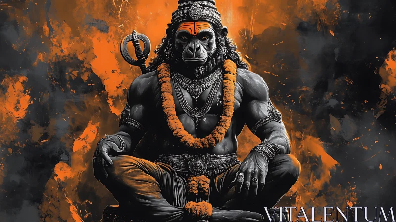 Powerful monkey warrior deity sits calmly in blazing color