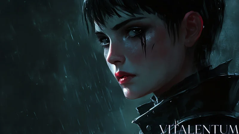 Profile portrait of short haired figure in rain at night.