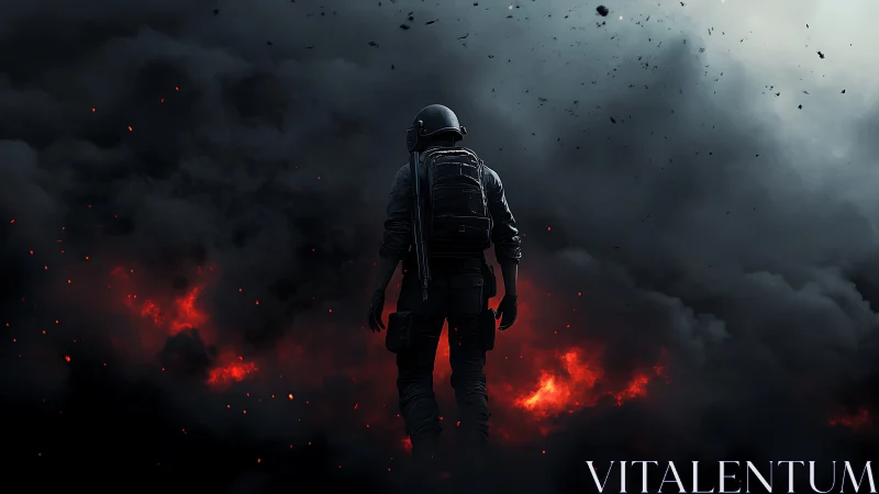 Lone tactical soldier strides through burning battlefield smoke