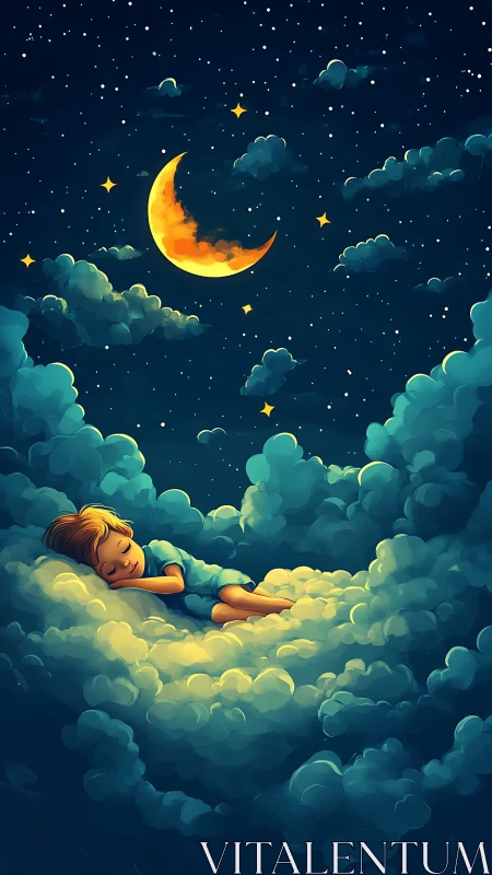 Sleeping child on glowing cloud beneath crescent moon.