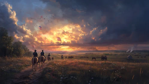 Cavalry column under stratified sunset over flowering prairie.