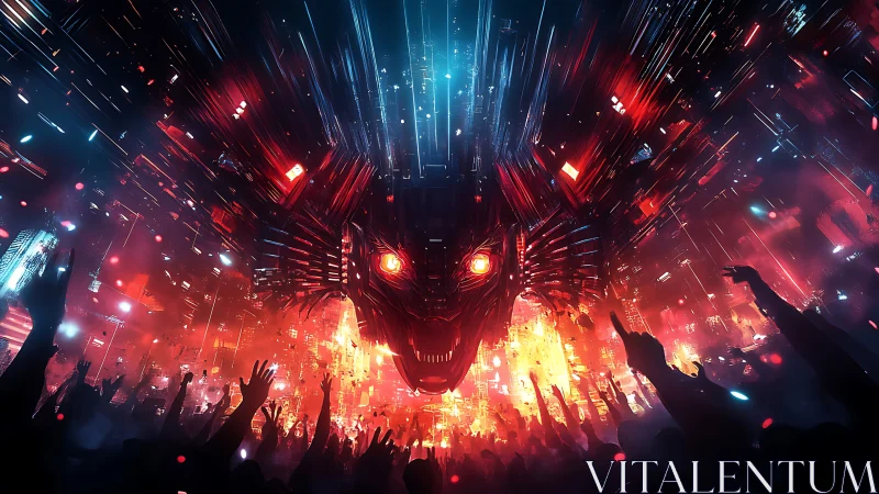 Futuristic digital dragon above dense concert crowd scene.