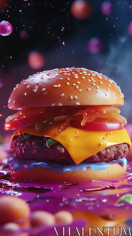 Juicy neon cheeseburger glows in a playful cosmic splash