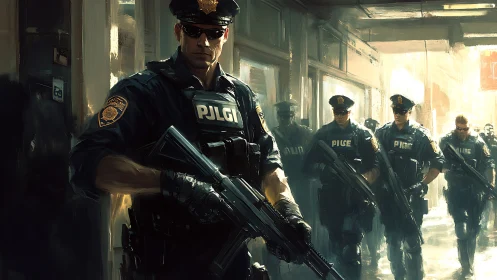 Armed police squad moves through urban corridor on patrol.