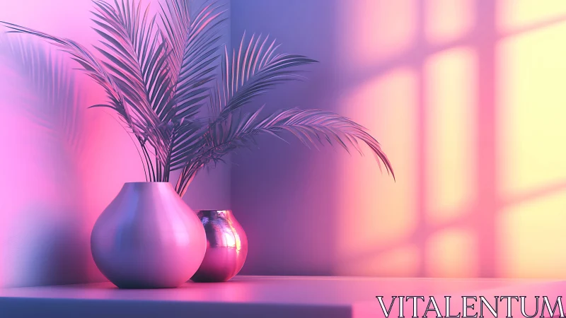 Volumetric neon lighting models glossy vases and palm foliage