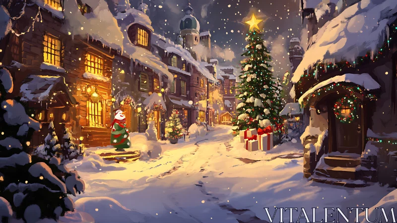 Snowy Christmas village street glows with warm lantern light.