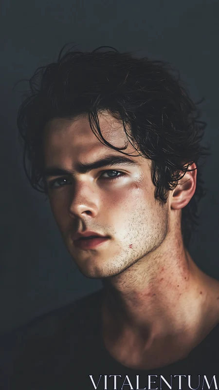Close-up portrait of young man with dark hair in shadowed light.