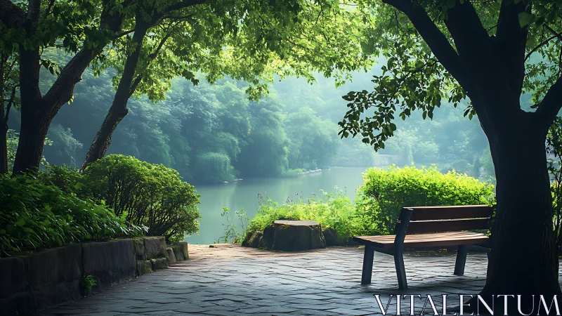 Quiet lakeside bench under whispering green canopies.
