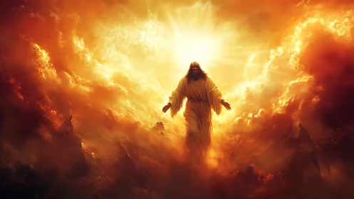 Figure in radiant clouds amid intense golden light.