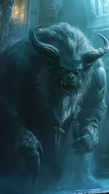 Frosted cathedral behemoth snarling in teal moonlight.