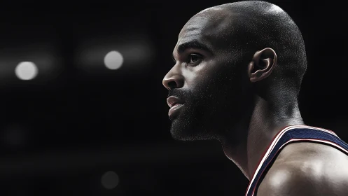 Focused basketball player gazes into the arena lights