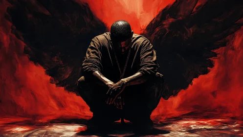 Brooding fallen angel crouched in a storm of burning red.